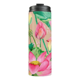 lotus flowers seamless pattern. watercolor botanic thermal tumbler