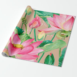 lotus flowers seamless pattern. watercolor botanic wrapping paper