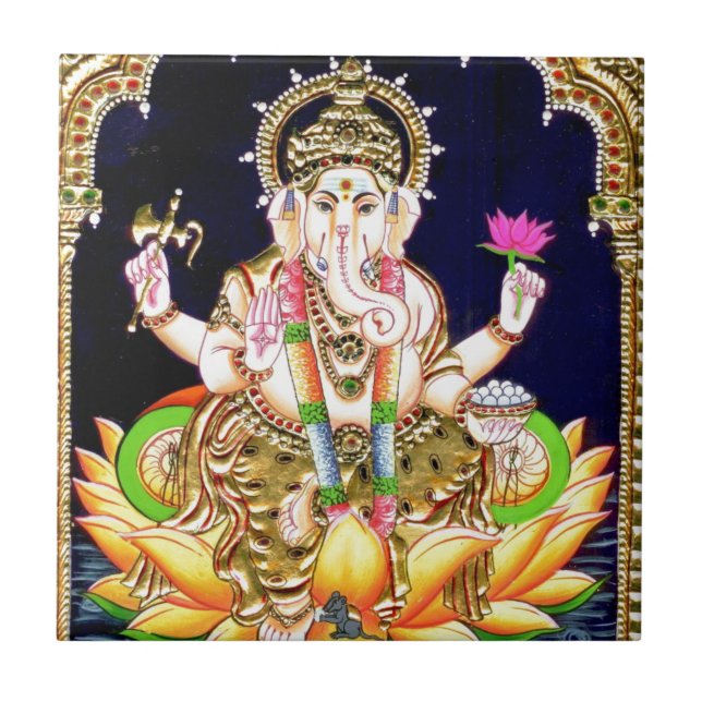 LOTUS GANESHA TANJORE PAINTING TILE (Front)