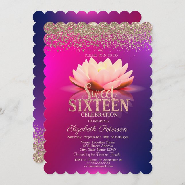 Lotus Gold Confetti Diamond Ombre Sweet 16 Invitation (Front/Back)