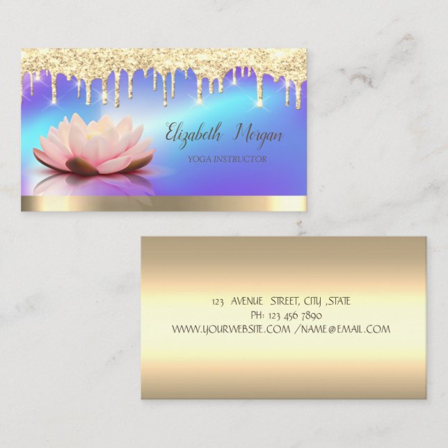 Lotus Gold Drips,Holographic Yoga Instructor Business Card (Front/Back)