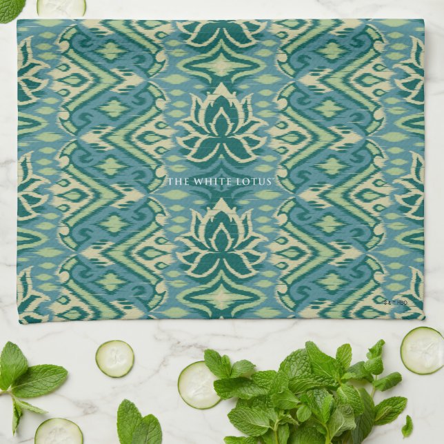 Lotus Ikat Pattern - The White Lotus Tea Towel (Folded)