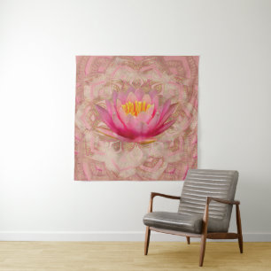 Lotus in Mandala Watercolor Gold and pastel pink Tapestry