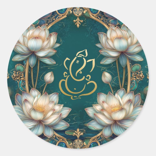 Lotus Indian Ganesh Hindu God Wedding | Green Gold Classic Round Sticker (Front)