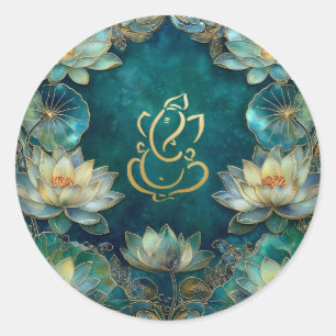 Lotus Indian Ganesh Wedding Green Gold Classic Round Sticker