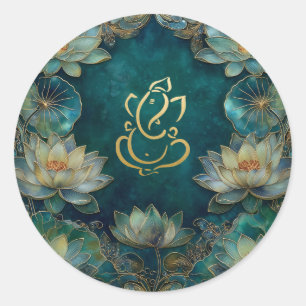 Lotus Indian Ganesh Wedding   Green Gold Classic Round Sticker