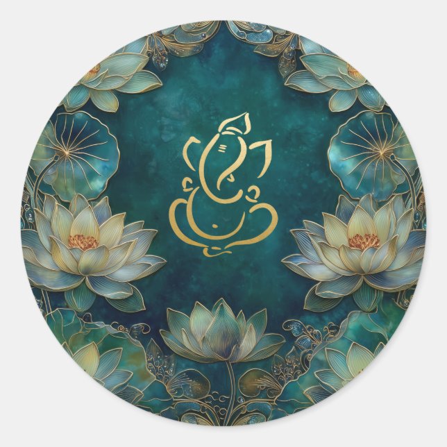 Lotus Indian Ganesh Wedding | Green Gold Classic Round Sticker (Front)