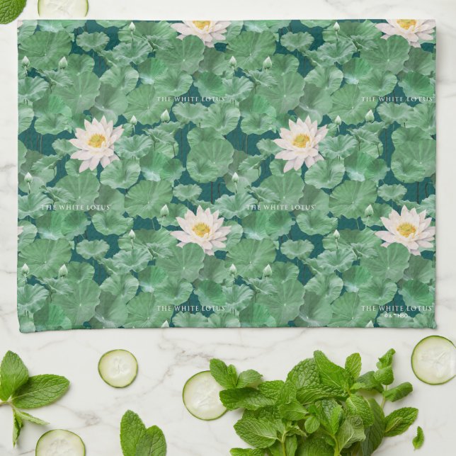 Lotus Lagoon Pattern - The White Lotus Tea Towel (Folded)