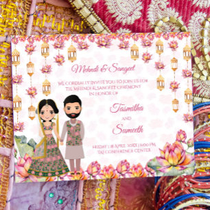 Lotus lanterns Indian wedding budget mehndi invite