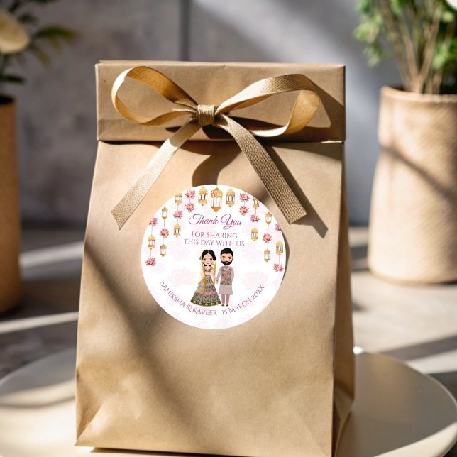 Lotus lanterns Indian wedding personalised favour Classic Round Sticker (Lotus lanterns Indian wedding personalised favor Classic Round Sticker)