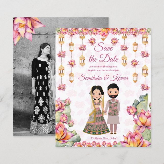 Lotus lanterns Indian wedding save the date invite (Front/Back)