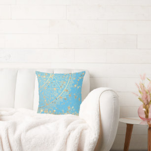 Lotus Mandala Glitter Gold Stars on Turquoise   Cushion