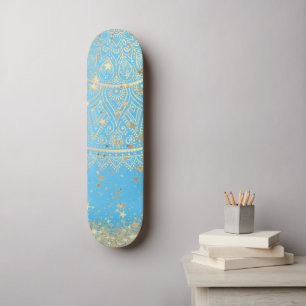 Lotus Mandala Glitter Gold Stars on Turquoise    Skateboard