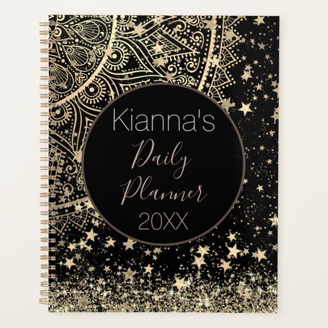 Lotus Mandala Glitter Gold Stars Personalised Planner (Front)
