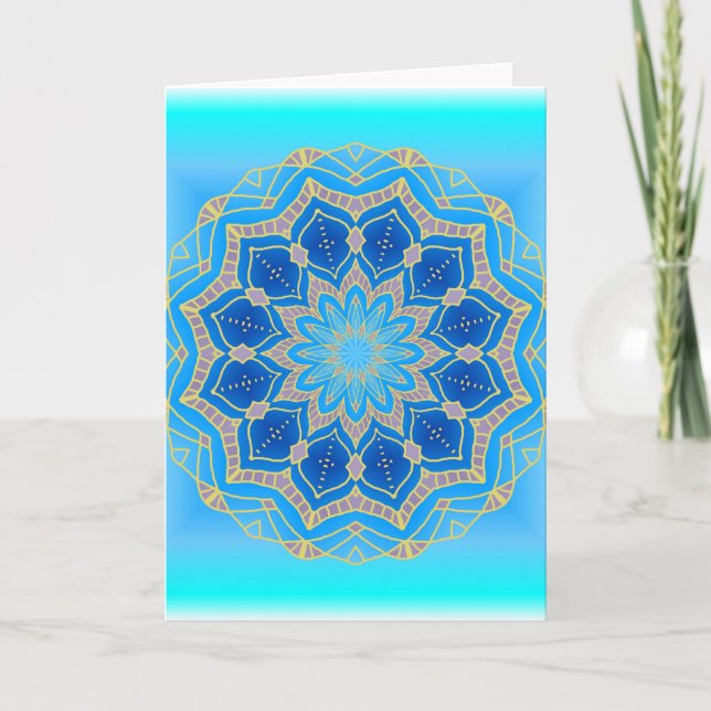Lotus mandala in turquoise and blue holiday card (Front)