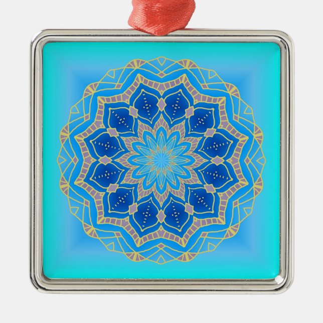 Lotus mandala in turquoise and blue metal tree decoration (Front)