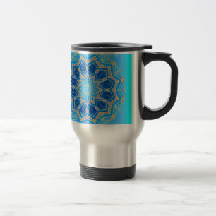 Lotus mandala in turquoise and blue travel mug