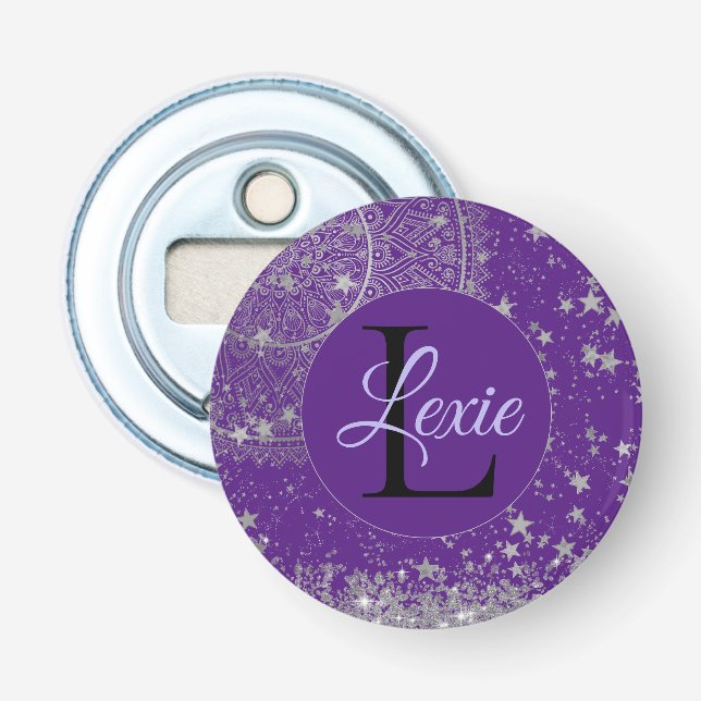 Lotus Mandala Silver Stars Monogram Custom   Bottle Opener (Front)