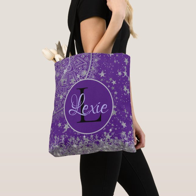 Lotus Mandala  Silver Stars on Purple Personalise  Tote Bag (Close Up)