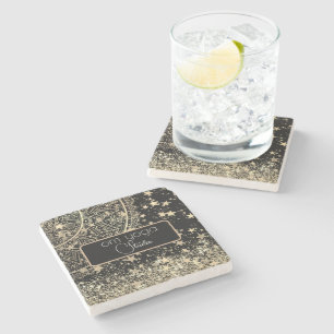 Lotus Mandala with Gold Stars on Black Customised Stone Coaster