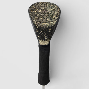 Lotus Mandala with Gold Stars on Black  Golf Head Cover