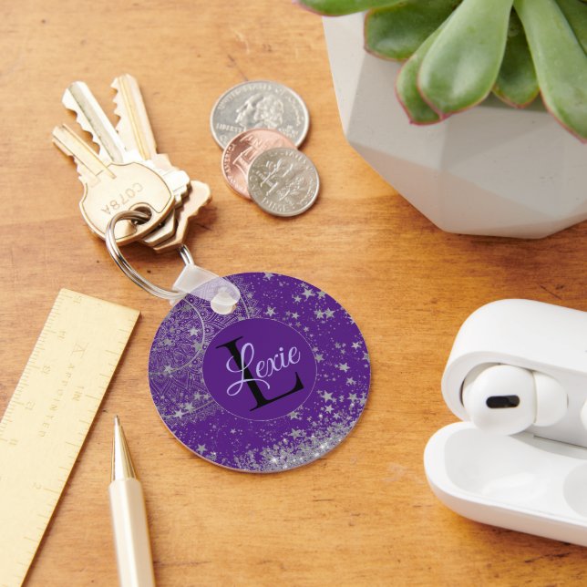 Lotus Mandala with Silver Stars on Purple Custom  Key Ring (Desk)
