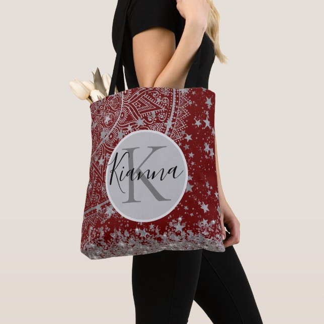 Lotus Mandala with Silver Stars on Red Personalise Tote Bag (Close Up)