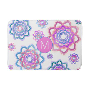 Lotus Monogram Abstract Pink Pastel Green Pattern Bath Mat