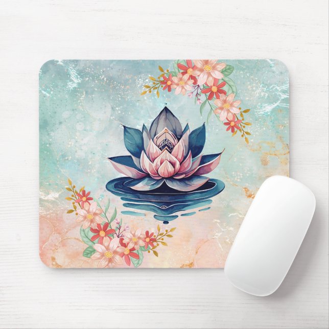 Lotus of Still Waters – Pastel Botanical Peace Mouse Mat (With Mouse)