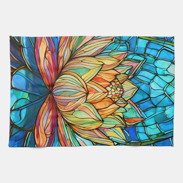 Lotus pink stained glass tea towel (Horizontal)