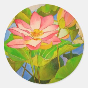 Lotus pink waterlily watercolor art painting classic round sticker