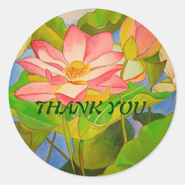 Lotus pink waterlily watercolor art painting classic round sticker (Front)
