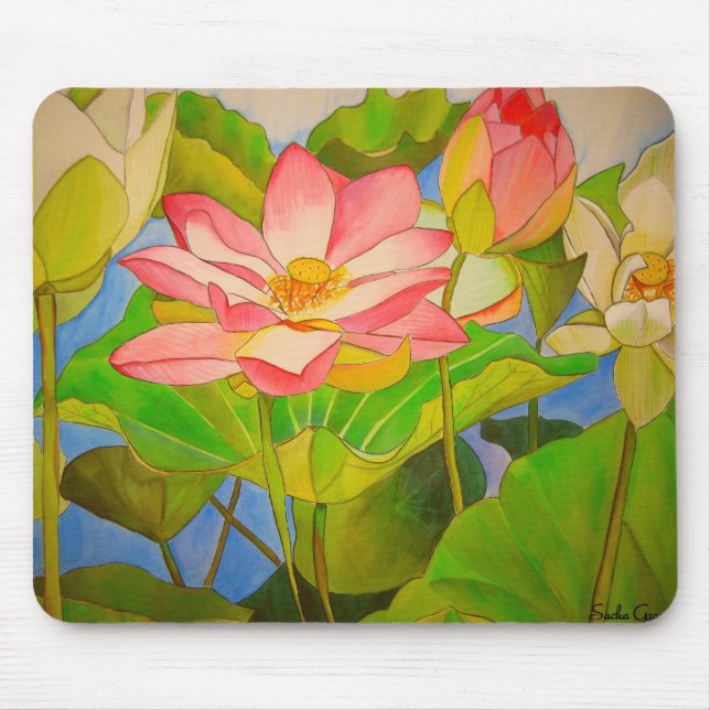 Lotus pink waterlily watercolor art painting mouse mat (Front)