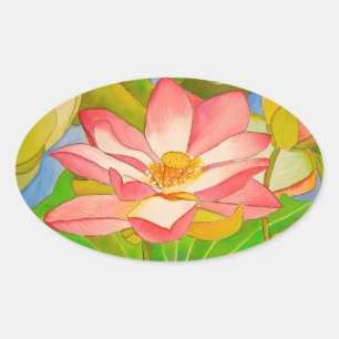 Lotus pink waterlily watercolor art painting oval sticker