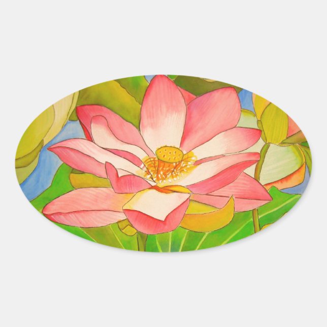 Lotus pink waterlily watercolor art painting oval sticker (Front)