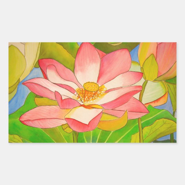 Lotus pink waterlily watercolor art painting rectangular sticker (Front)