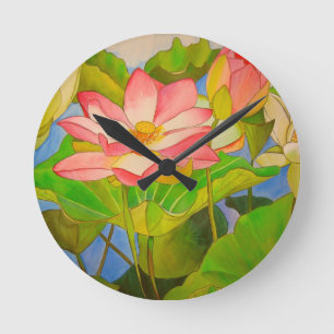 Lotus pink waterlily watercolor art painting round clock