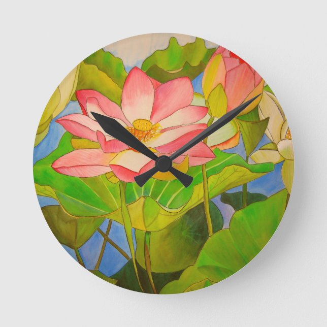 Lotus pink waterlily watercolor art painting round clock (Front)