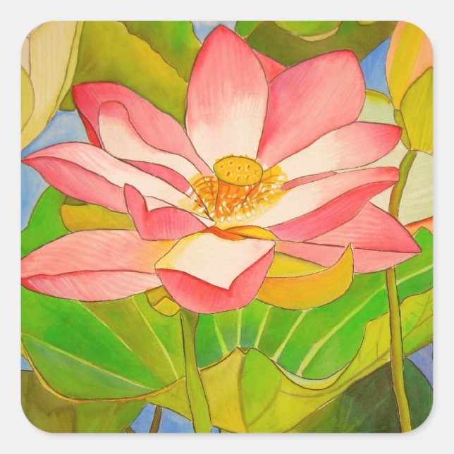 Lotus pink waterlily watercolor art painting square sticker (Front)