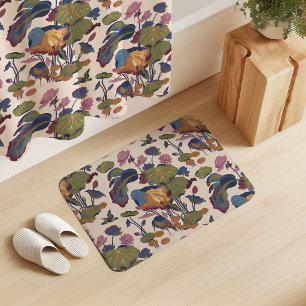 Lotus Pond in Cream Blue Green Pink Yellow Bath Mat