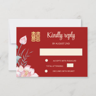 Lotus Red Chinese Wedding RSVP Invitation