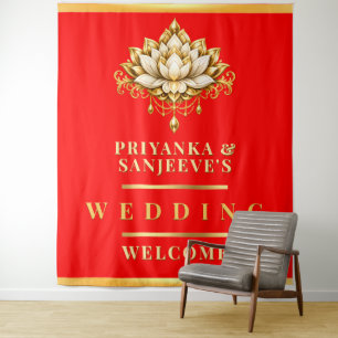 Lotus Red Gold Indian Wedding Photo backdrop Tapestry