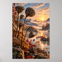 Lotus Seed Pods at Golden Sunrise Mountain Lake Wa