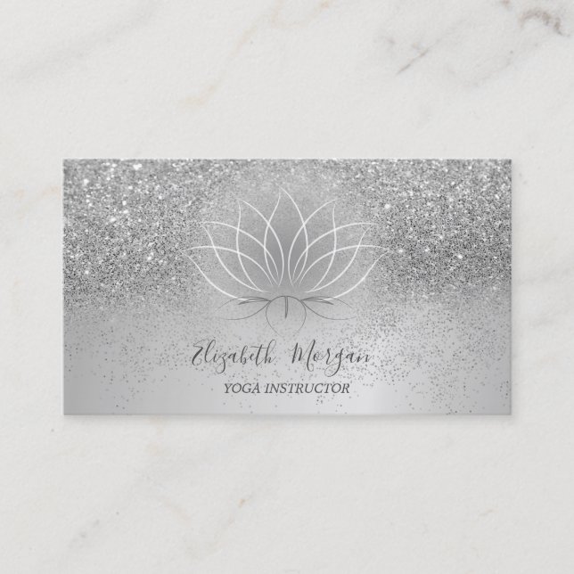 Lotus Silver Confetti Glitter Yoga Instructor Business Card (Front)
