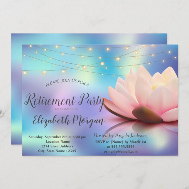 Lotus String Lights Holographic  Retirement Party Invitation (Front/Back)