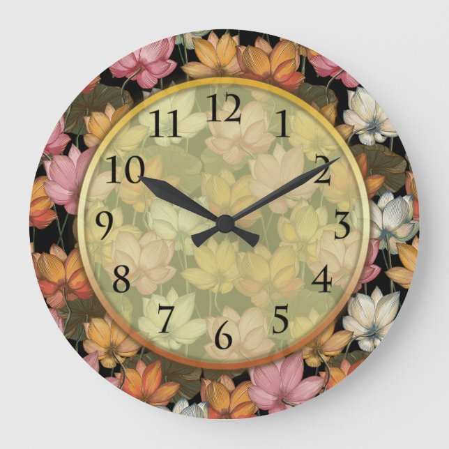 Lotus Water Lilies Pink Yellow White Green Floral  Large Clock (Front)