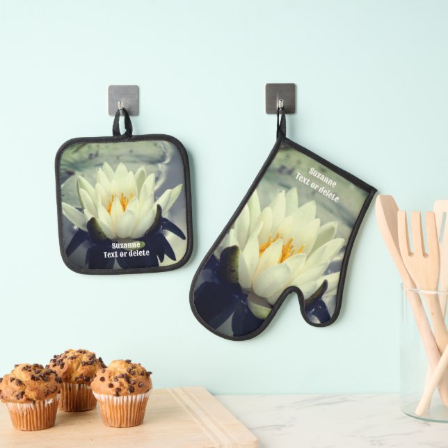 Lotus Water Lily Flower Personalised Oven Mitt & Pot Holder Set (Insitu(Hanging))