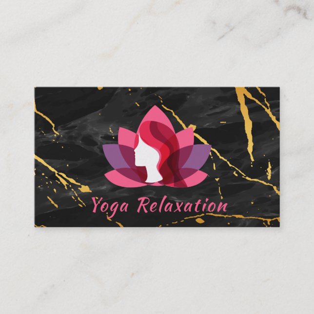 Lotus Woman Logo | Black Gold Marble Business Card (Front)