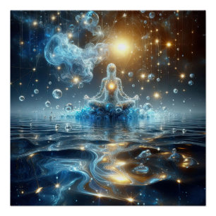 Lotus Yoga Position On Pure Water In A Blue Lake Poster