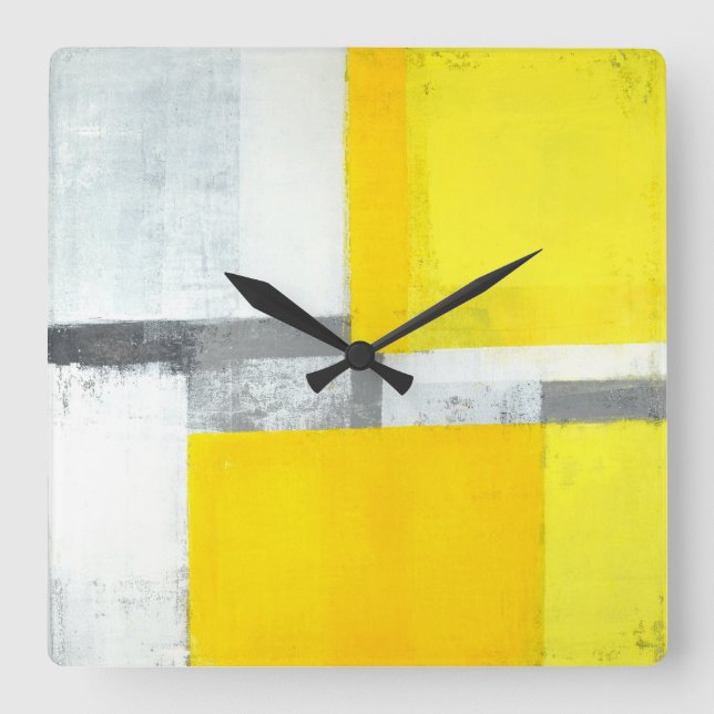 'Loud' Grey and Yellow Abstract Art Square Wall Clock (Front)